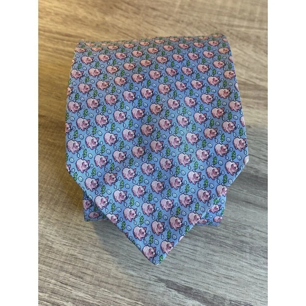 Vineyard Vines PIGGY BANK Blue Silk Pig Money Pastel Tie made in USA